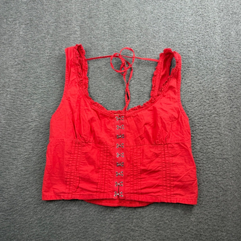 Free People Red Cropped Lace-Trim Hook-Front Tank